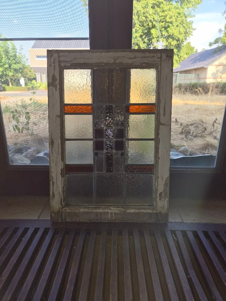 Art Deco Glas-in-loodraam 1930 Amsterdamse School Artikel 3, Antiek en Kunst, 56 cm, Meerkleurig, Handgemaakt, Ophalen