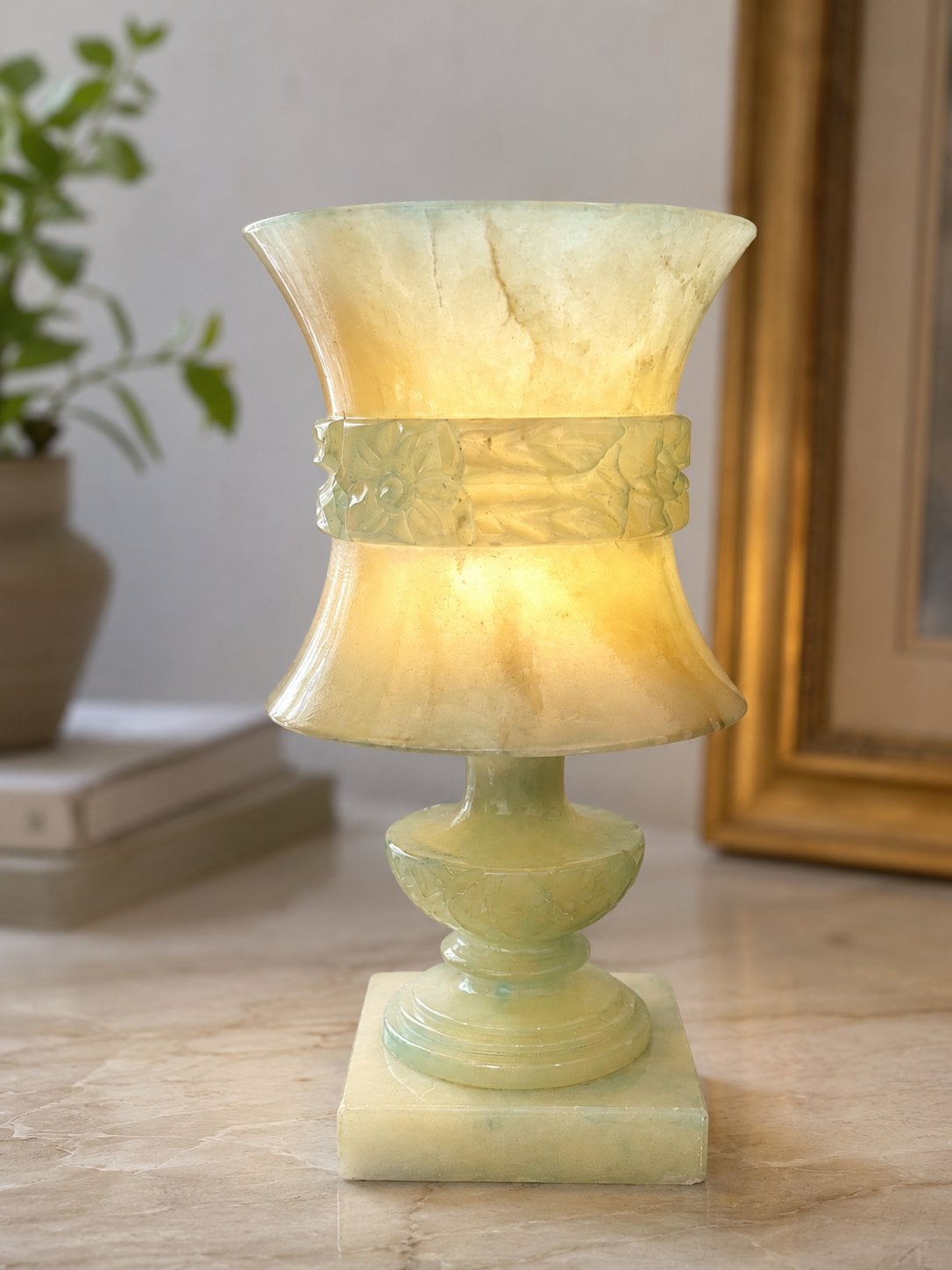 Lampe de table vintage en albâte/onyx, Maison & Meubles, Vintage, Enlèvement ou Envoi, Verre, Utilisé