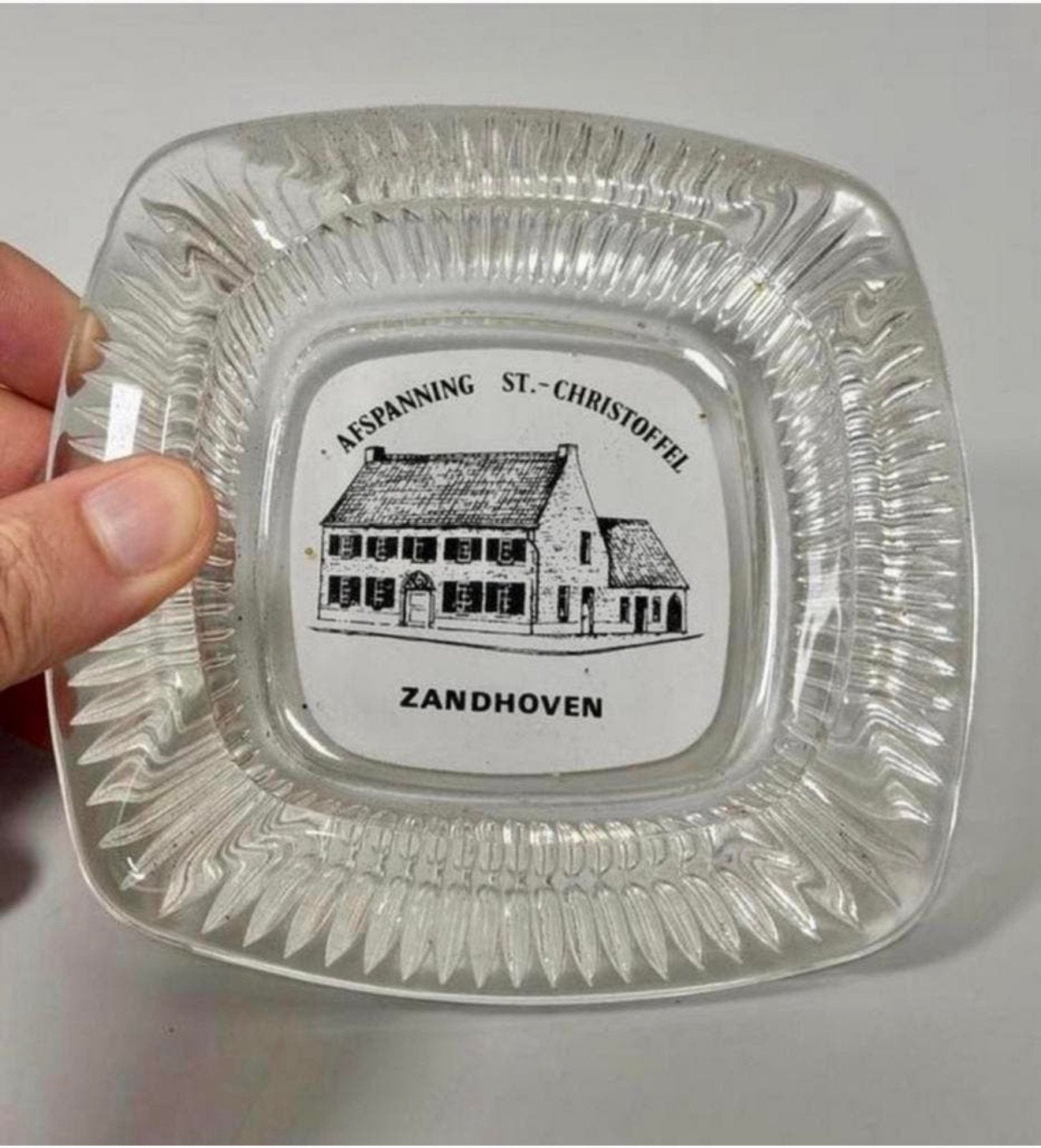 Vintage glazen asbak Afspanning St Christoffel Zandhoven, Ophalen of Verzenden, Zo goed als nieuw, Asbak