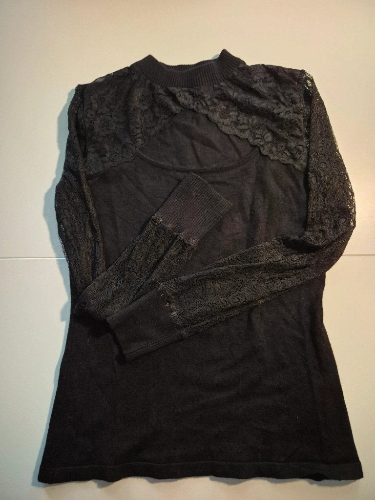 Melrose Zwarte Trui met Kanten Mouwen - Maat M, Kleding | Dames, Maat 38/40 (M), Zwart, Ophalen of Verzenden, Melrose