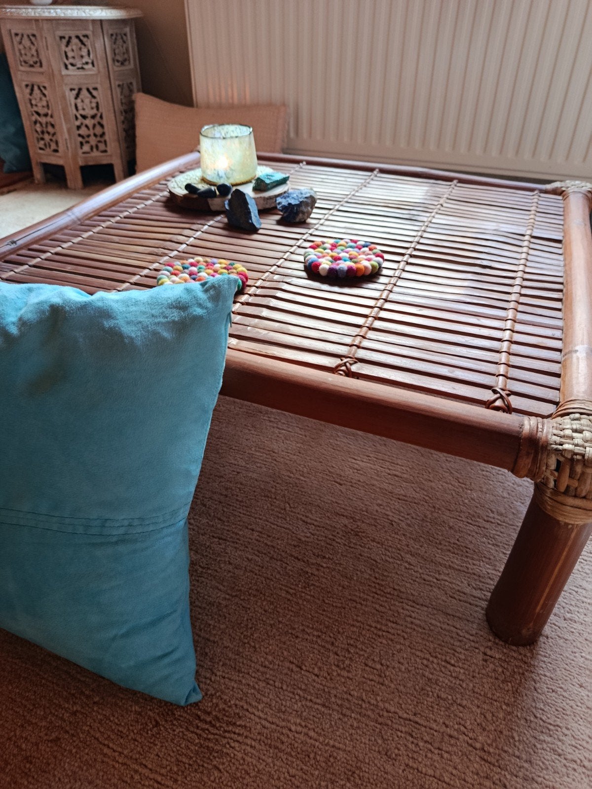 Grote bamboe salontafel - rotan - boho meditatie theetafel, Ophalen, Japandi - boho - charpai lage Japanse tafel, Gebruikt, 50 tot 100 cm