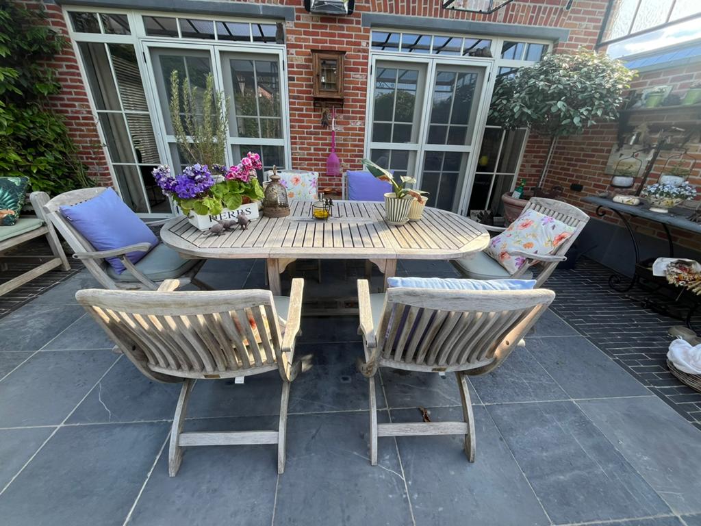 Sun furniture massief teak tuinset ovale tafel + 6 stoelen, Ophalen, Gebruikt, 6 zitplaatsen, Teakhout