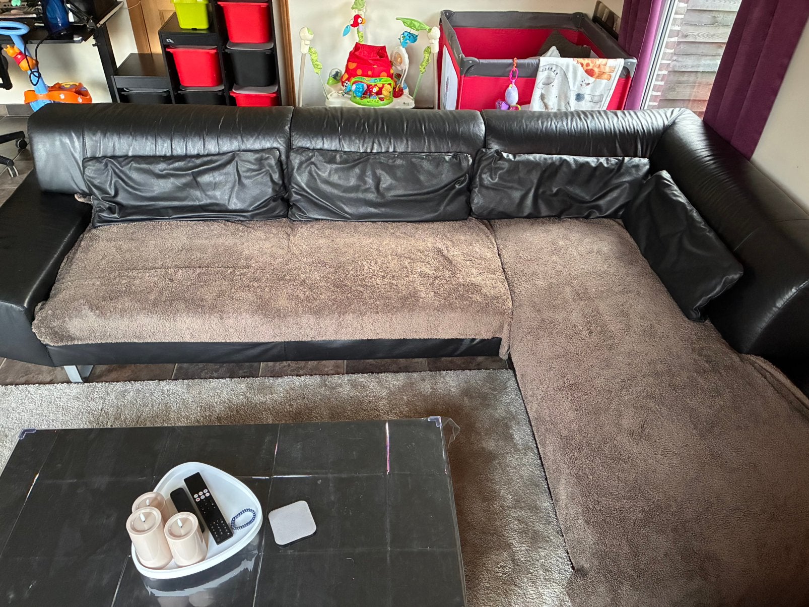 Grote zwarte hoekzetel met longchair – mooie staat, Ophalen