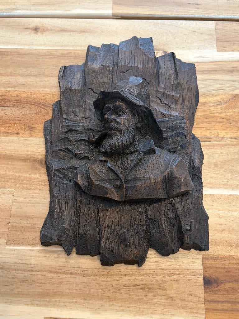 Porte-clés mural vintage en bois sculpté décor marin pêcheur, Enlèvement ou Envoi, Panneau mural, Bois, Brun