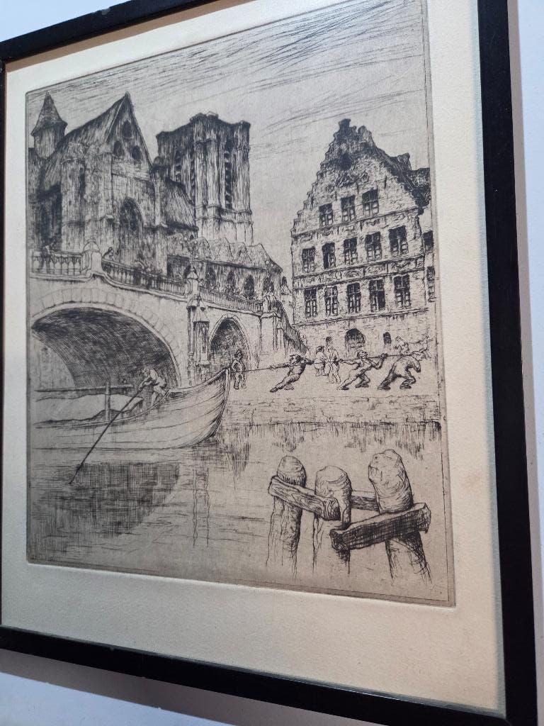 G. Langie; ets 'De Boottrekkers', ongesigneerd, Gentse kunst, Ingelijst, Dagelijks leven, 41 cm, 35 cm