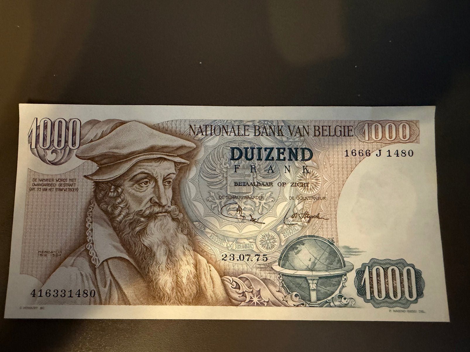 1000 francs mercator unc 1975, Timbres & Monnaies, Billets de banque | Belgique, Enlèvement ou Envoi, Série