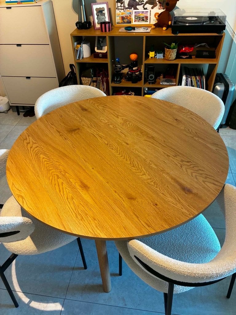 Ronde houten tafel, Ophalen, Zo goed als nieuw, Vier personen, 100 tot 150 cm