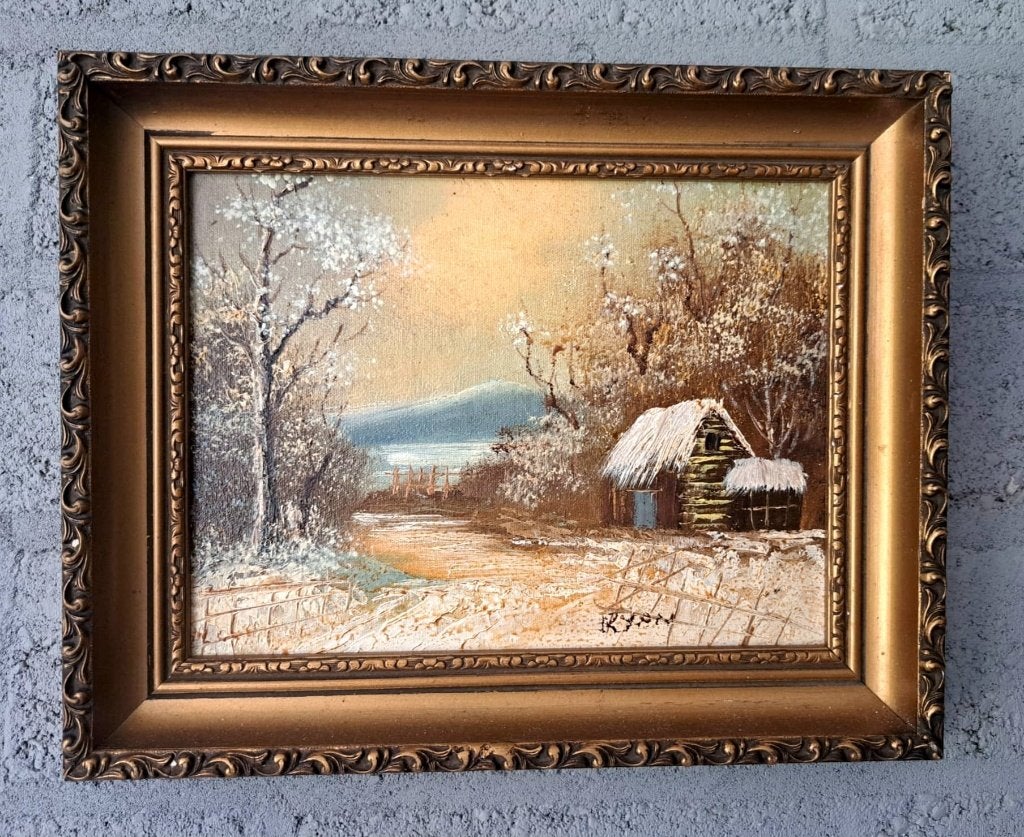 Schilderij olieverf winterlandschap met huisje, Antiek en Kunst, Ophalen of Verzenden, Bijzondere lijst, Olieverf
