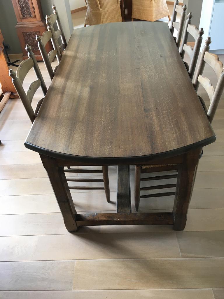 Massief eiken eettafel en 6 stoelen, Ophalen, Gebruikt, Vijf personen of meer