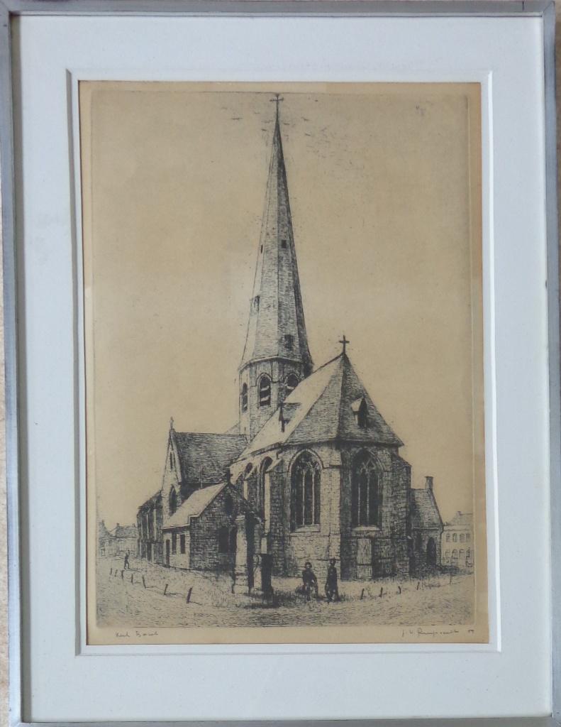 JOZEF VAN RUYSSEVELT / KERK BAZEL / ZW-W ETS / 67x51cm KADER, Ophalen of Verzenden