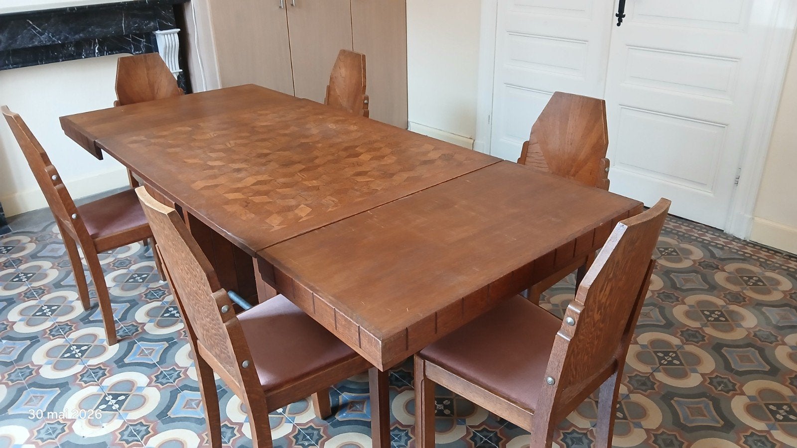 Table de salle à manger Art Déco avec 6 chaises