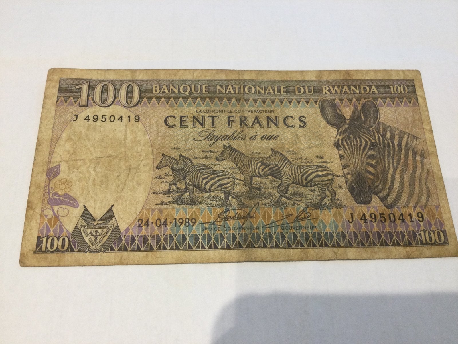 Rwanda 100 Frank 1989, Postzegels en Munten, Ophalen of Verzenden