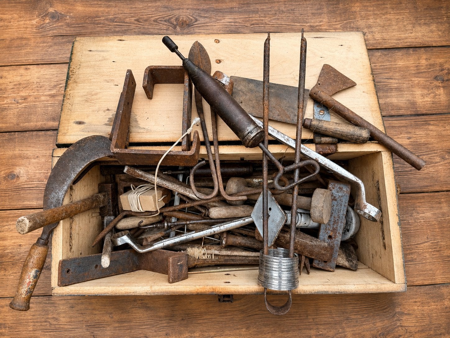 Tres vieux outils contenus dans un coffre en bois militaire, Enlèvement, Utilisé, Autres métaux