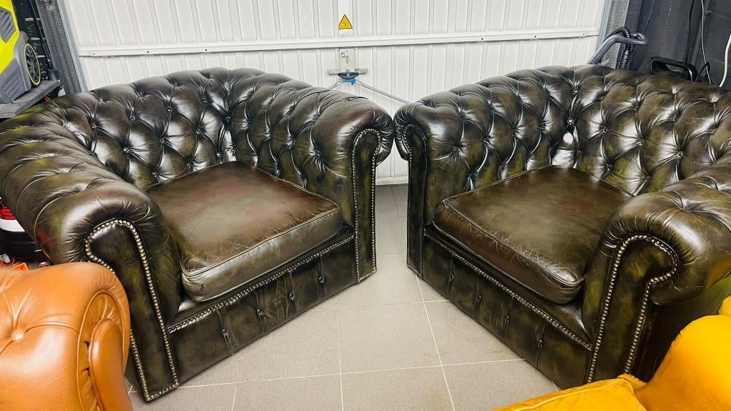 2X Fauteuils Chesterfield Anglais London, Huis en Inrichting, Ophalen, Gebruikt, Leer