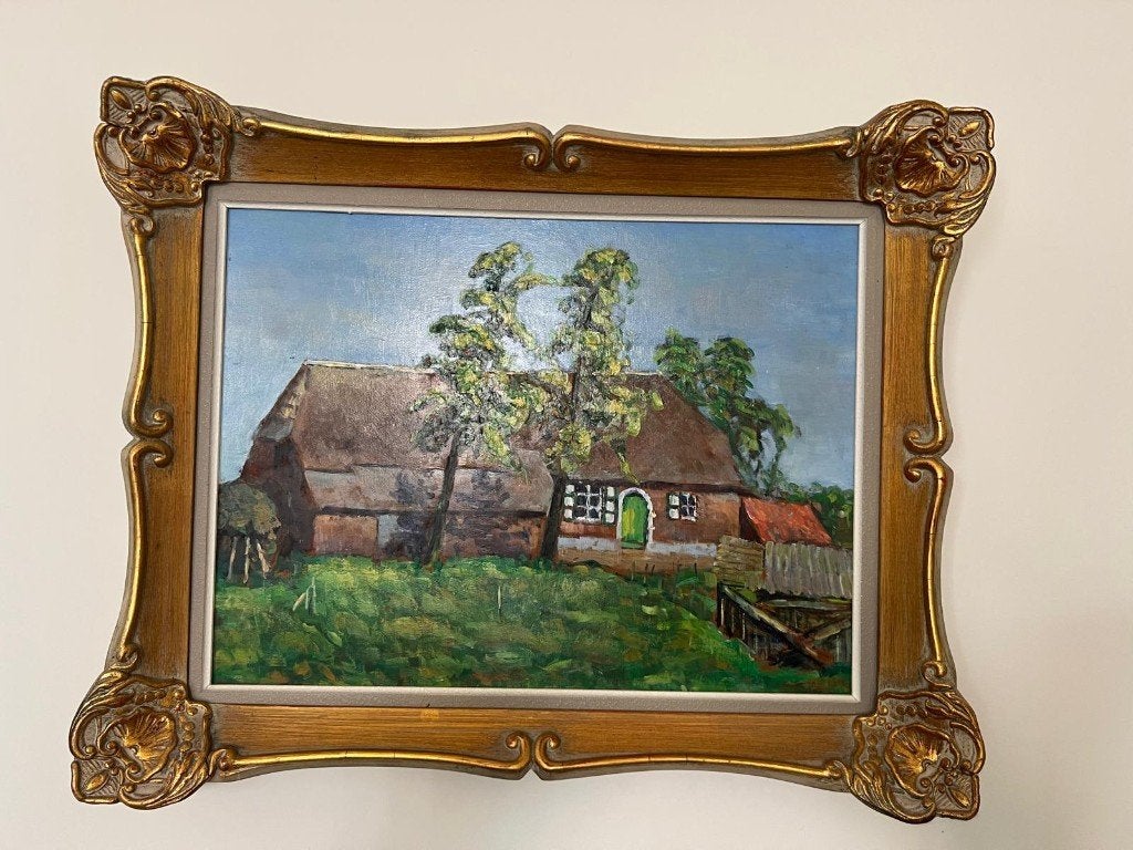 Sfeervol olieverfschilderij met oude hoeve – mooie sierlijst, Peinture à l'huile, Peint à la main, Enlèvement, Paysage urbain / rural