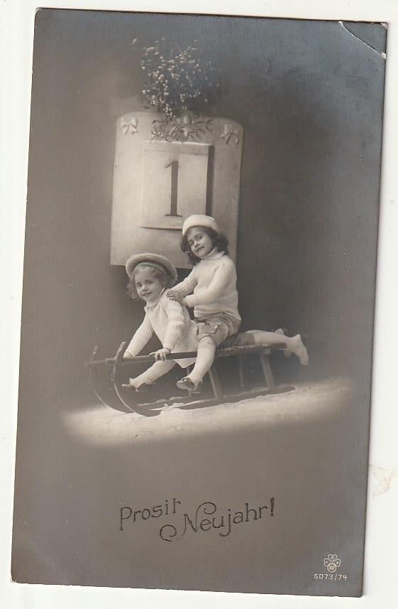 Prosit Neujahr ! 1 Janvier 2 enfants sur une luge, Envoi, Affranchie, (Jour de) Fête