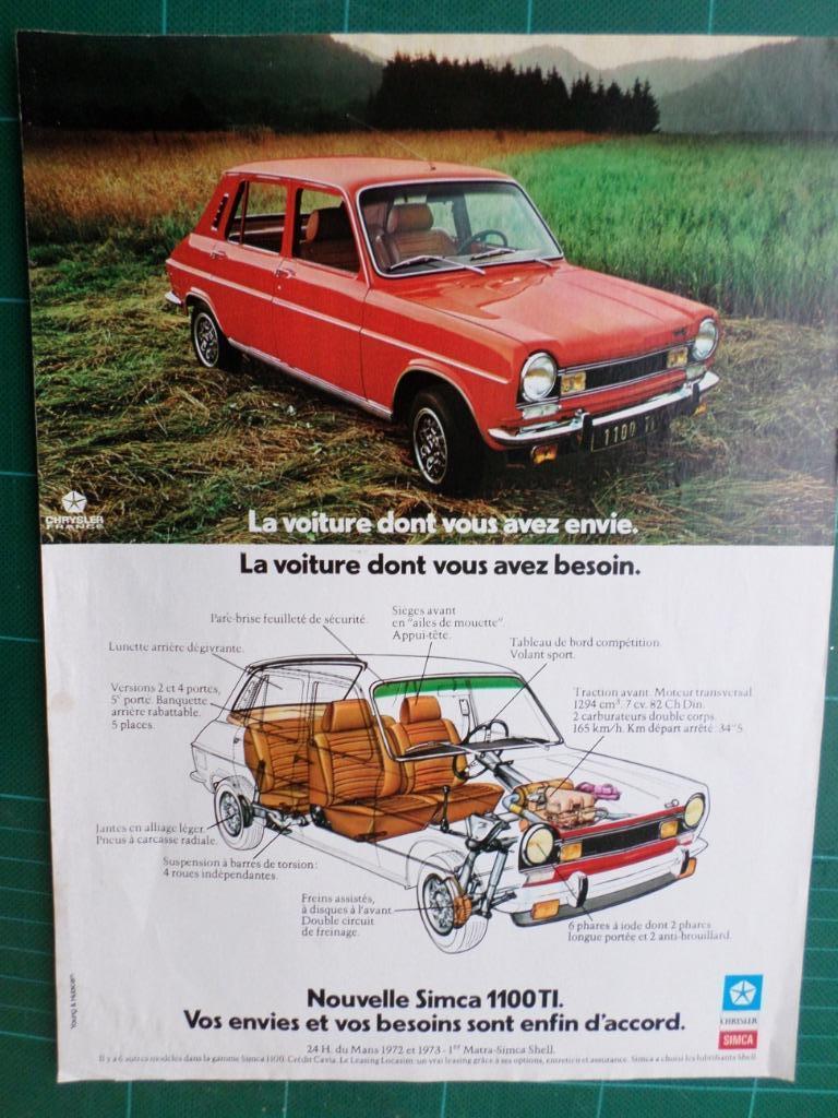 Simca 1100 TI - publicité papier - 1973, Ophalen of Verzenden, Gebruikt, Overige typen
