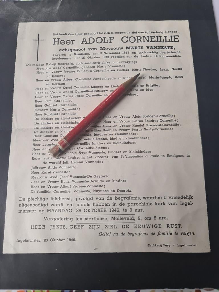 Lettre de deuil Adolf Corneille 1877-1946 -Marie Vanneste, Enlèvement ou Envoi