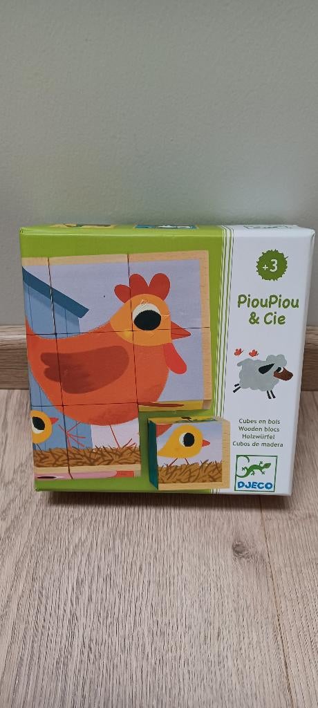 Houten blokpuzzel 9 stuks - Djeco Piou & Cie - 3+, 2 tot 4 jaar, Ophalen of Verzenden, Zo goed als nieuw, Van hout