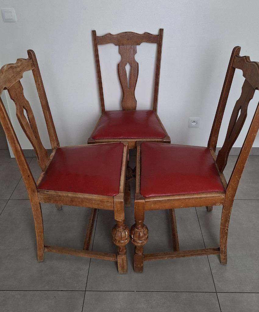 Chaises vintage, Maison & Meubles, Chaises, Utilisé, Trois, Bois, Cuir, Rouge, Enlèvement