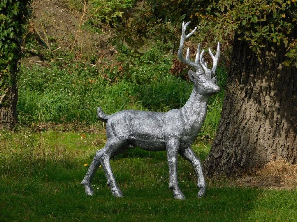 Beeld Hert XL - zilverkleurig - polystone, Tuin en Terras, Tuinbeelden, Dierenbeeld, Kunststof, Ophalen of Verzenden