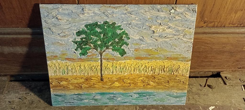 Peinture huile paysage champ et arbre 18x24, n204, Antiquités & Art, Enlèvement ou Envoi, Peinture à l'huile, Paysage, Panneau