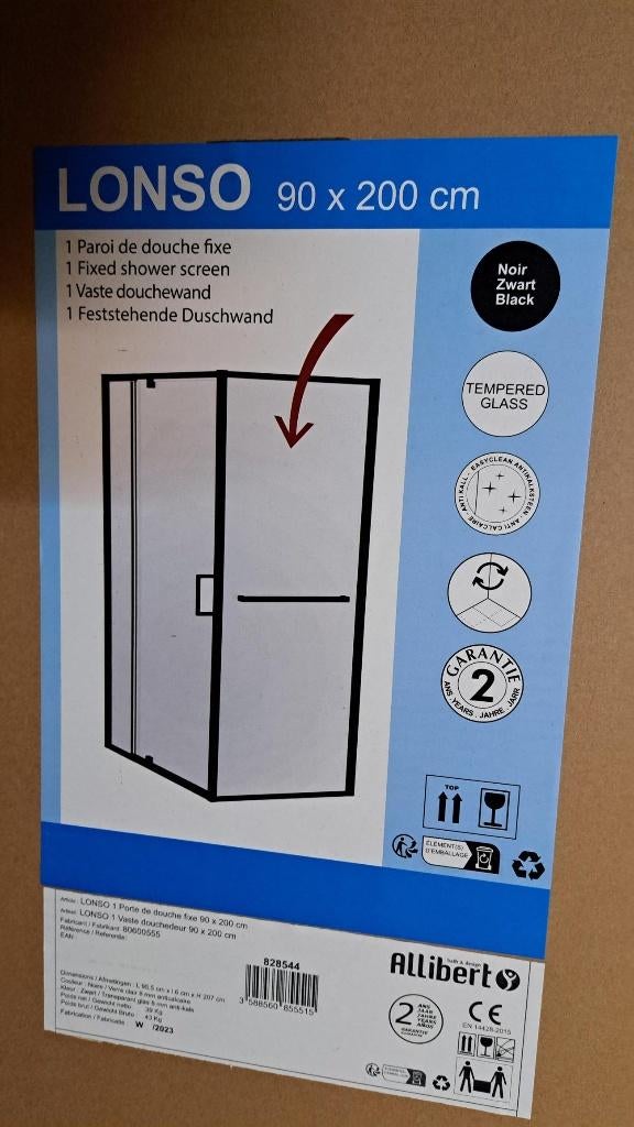 Douchezijwand Allibert 90x200 zwart profiel, Huis en Inrichting, Badkamer | Badkamermeubels, Ophalen, 200 cm of meer, Overige typen