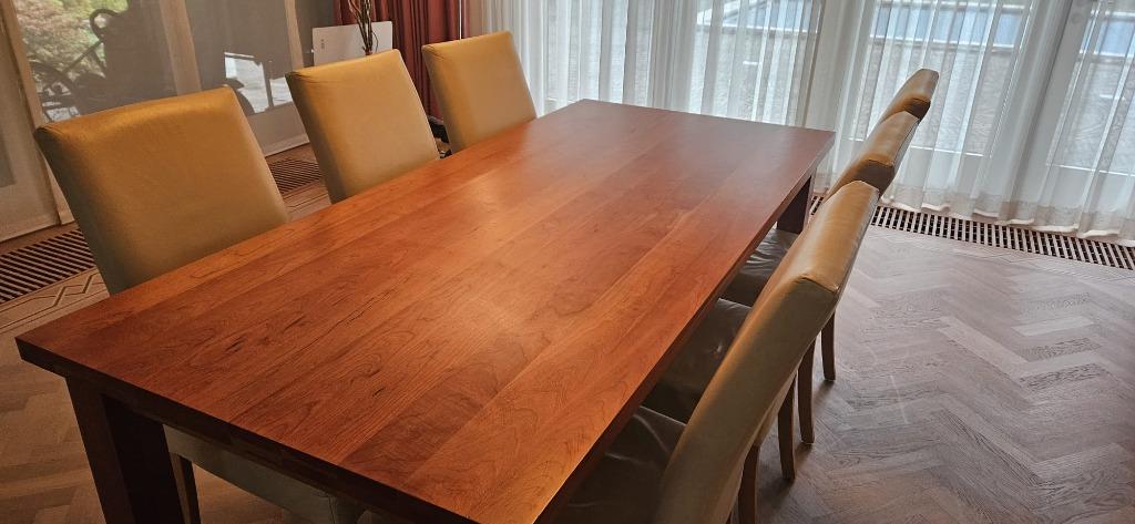 Eetkamer tafel met 6 lederen stoelen, Enlèvement, Comme neuf, 6 à 8 chaises