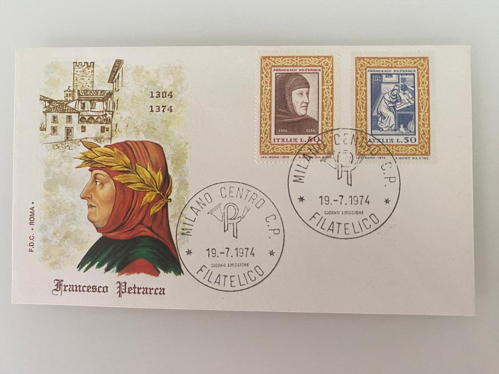 Postzegel First Day Cover Italië Francesco Petrarca 1974, Ophalen of Verzenden, Gestempeld