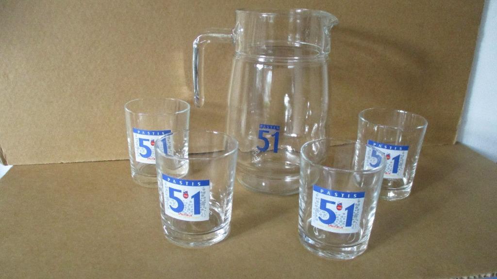 Vintage Pernod Pastis 51-waterkan met 4 glazen, Verzamelen, Glas en Drinkglazen, Ophalen, Nieuw, Borrel- of Shotglas