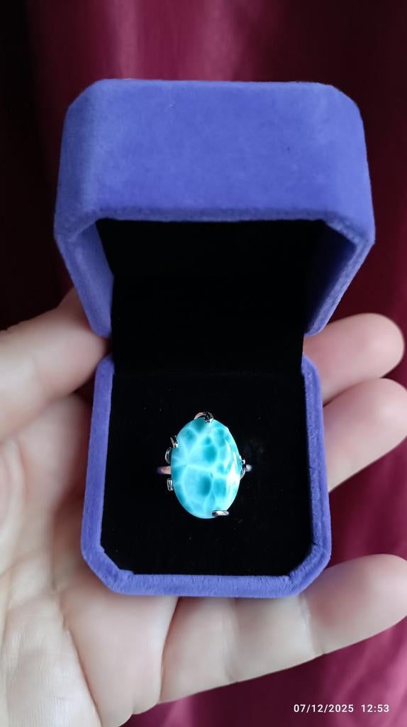 Verstelbare ring van sterling zilver met prachtige larimar, Ophalen of Verzenden, Nieuw, Zilver, Zilver