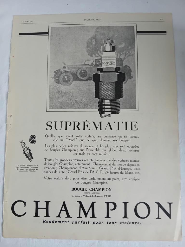Ancienne publicité Champion 1927, Enlèvement ou Envoi, Utilisé, Autres types