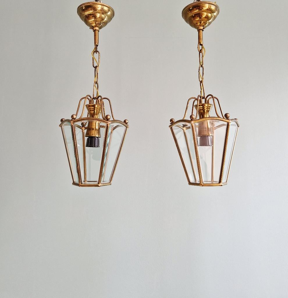 Paire de suspensions/lanternes en laiton et verre, 1950-60, Enlèvement ou Envoi