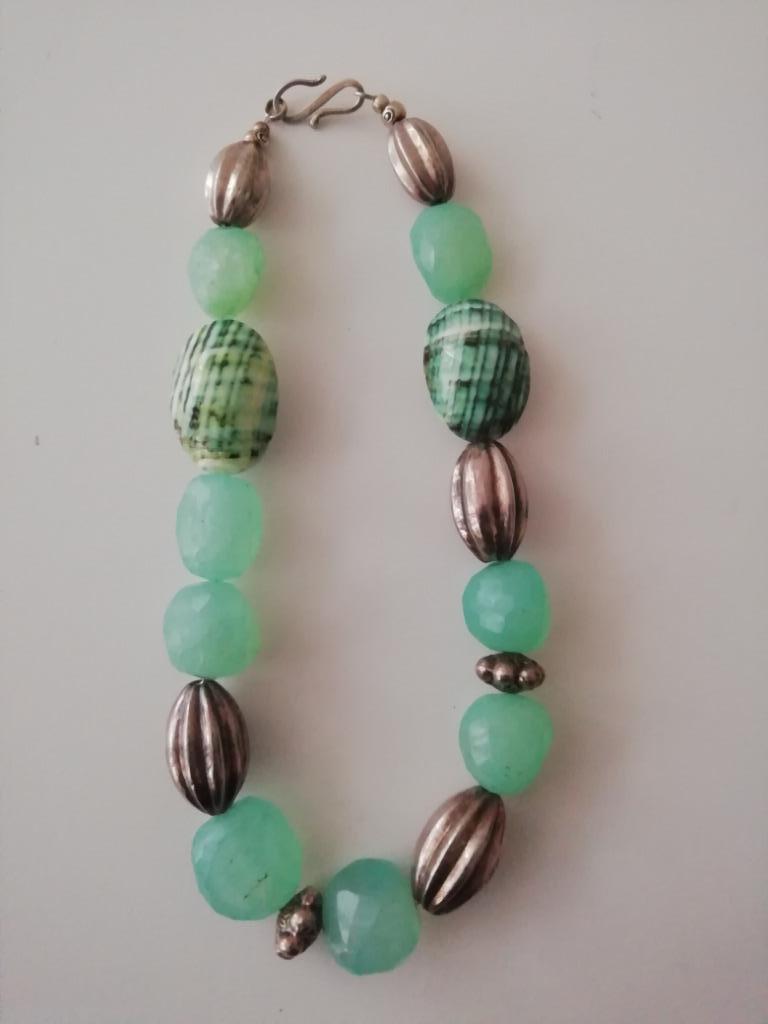 Indische collier zilver, schelpsteen, halfedelsteen, Enlèvement ou Envoi, Neuf, Vert, Argent