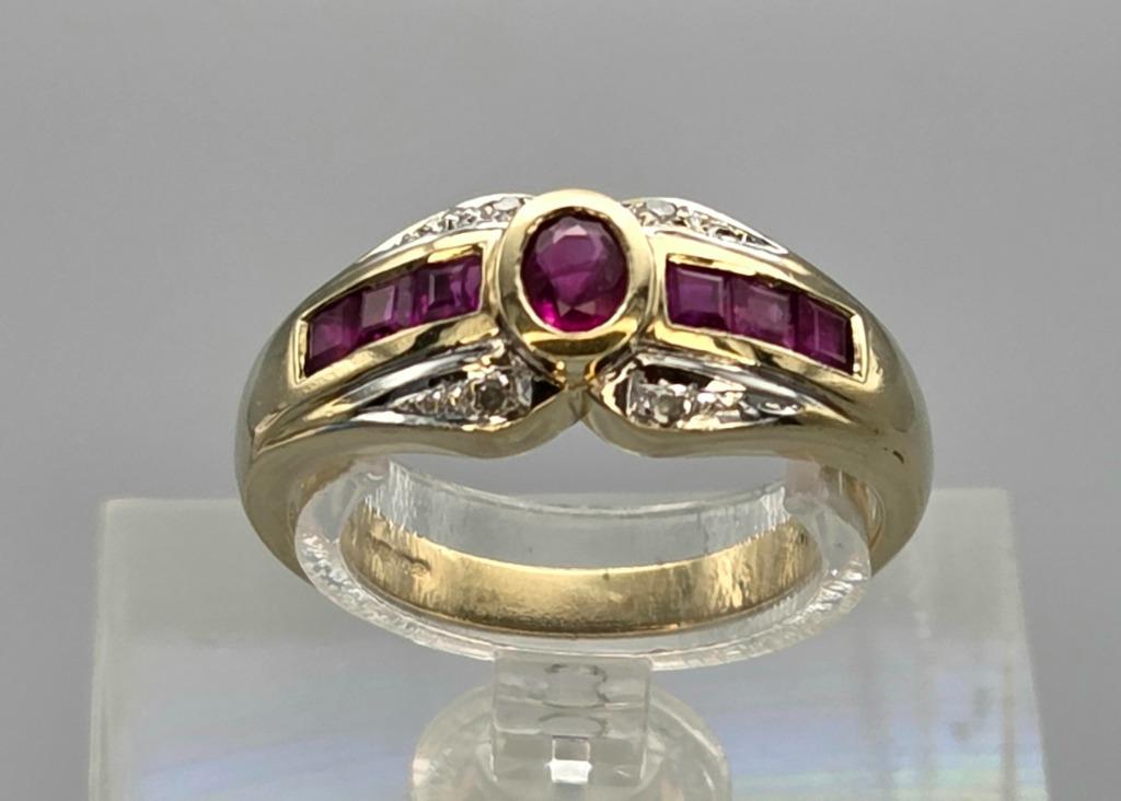 Vintage gouden ring edelsteen robijn en diamant. 2025/628., Bijoux, Sacs & Beauté, Bagues, Rouge, Plus petit que 17, Comme neuf