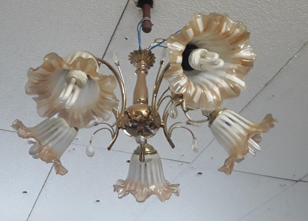 Lustre ancien à corolles (5 lampes), Ophalen, Gebruikt, Glas