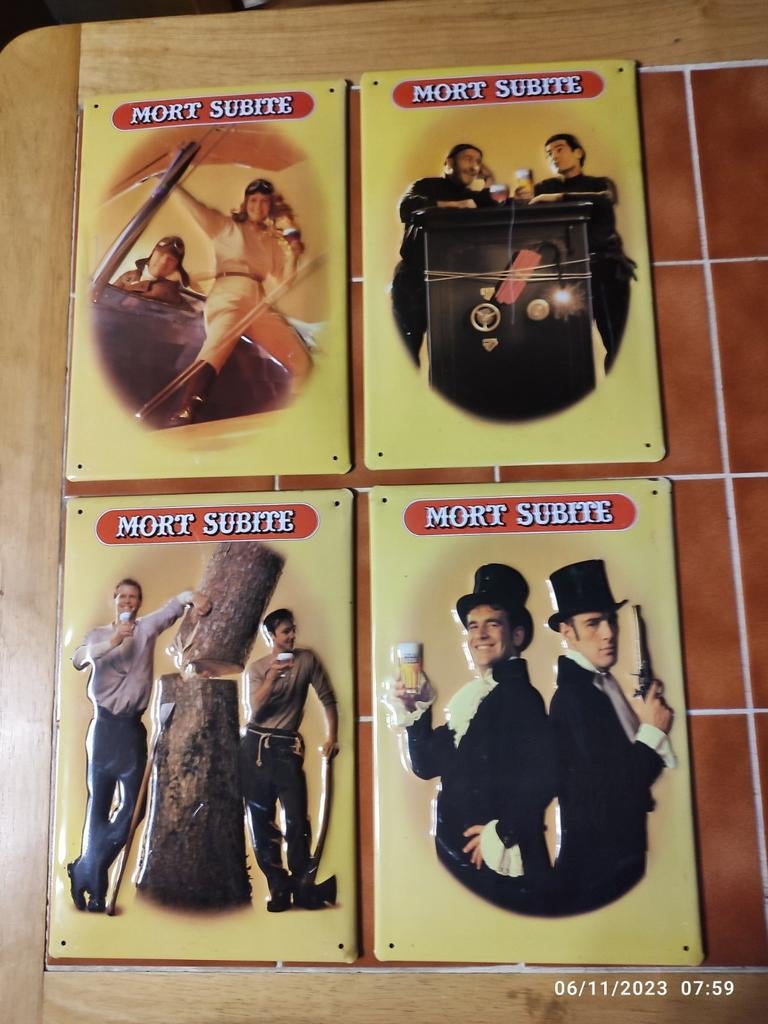 4 plaques en métal BIÈRE MORT SUBITE., Enlèvement ou Envoi, Utilisé, Panneau publicitaire
