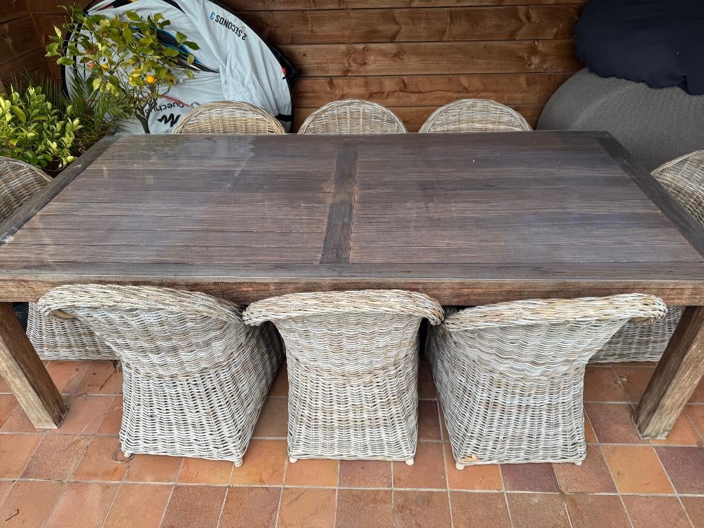 Robuuste Tuintafel + 8x Rotan Diningstoel, Tuin en Terras, Ophalen, Gebruikt, Rechthoekig