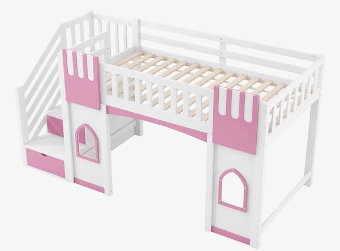 Kasteelbed hoogslaper meisje met lattenbodem van 90x200, Ophalen, Zo goed als nieuw, Lattenbodem