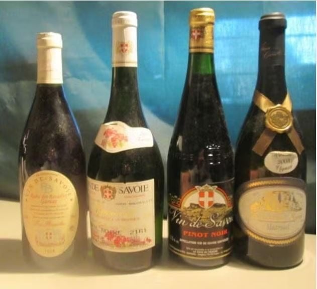 4 Flessen Vin de Savoie - 1990/1998/2008, Verzamelen, Wijnen, Frankrijk, Ophalen of Verzenden, Zo goed als nieuw, Rode wijn