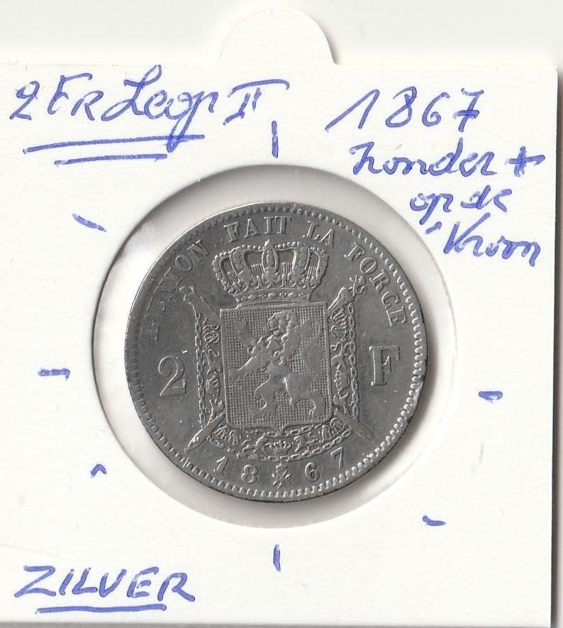 2 FR 1867 LEOPOLD II ZONDER KRUIS OP KROON, Ophalen of Verzenden, Zilver