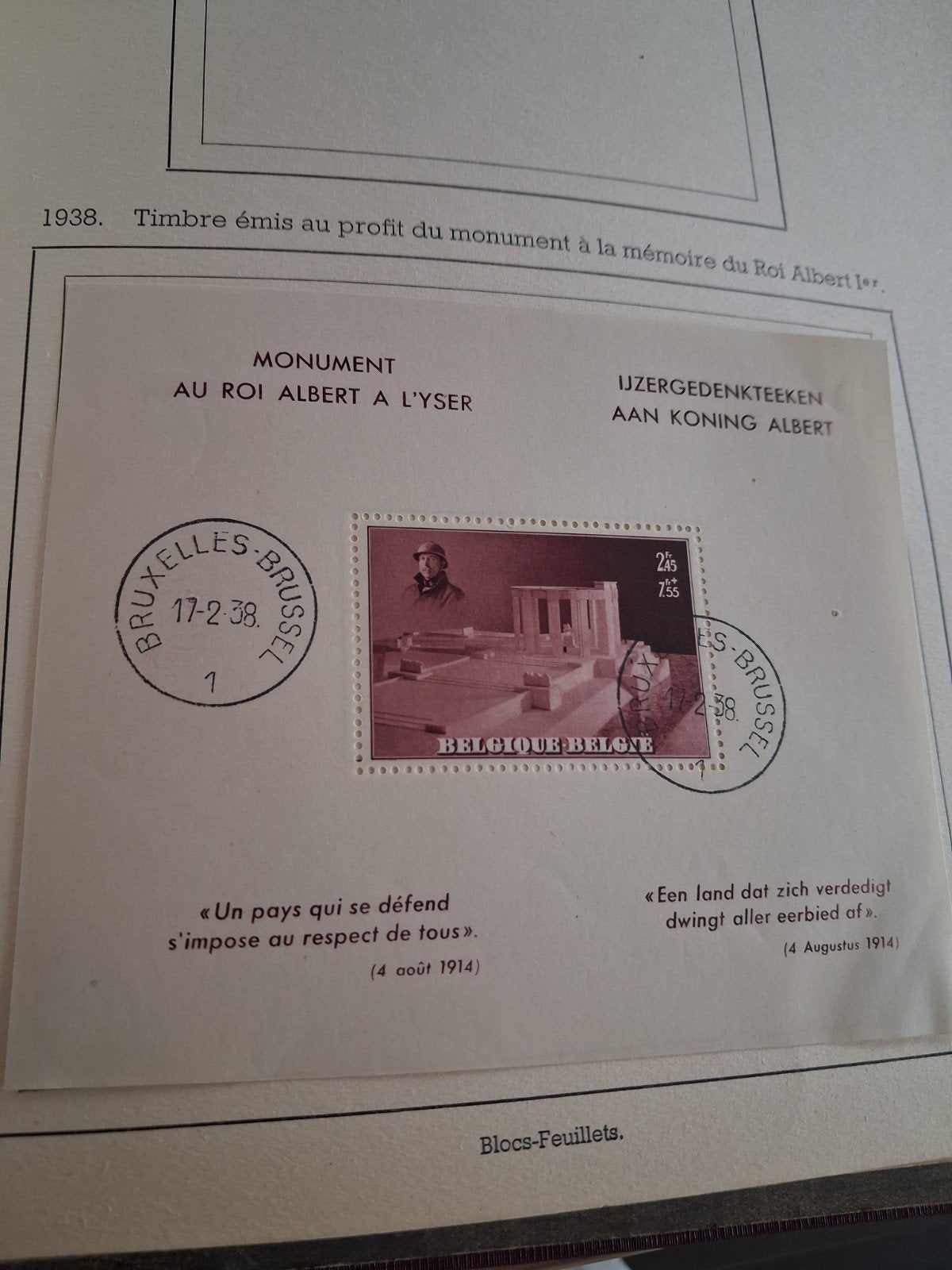 Feuillet  1938 Roi Albert  I, Enlèvement ou Envoi, Oblitéré