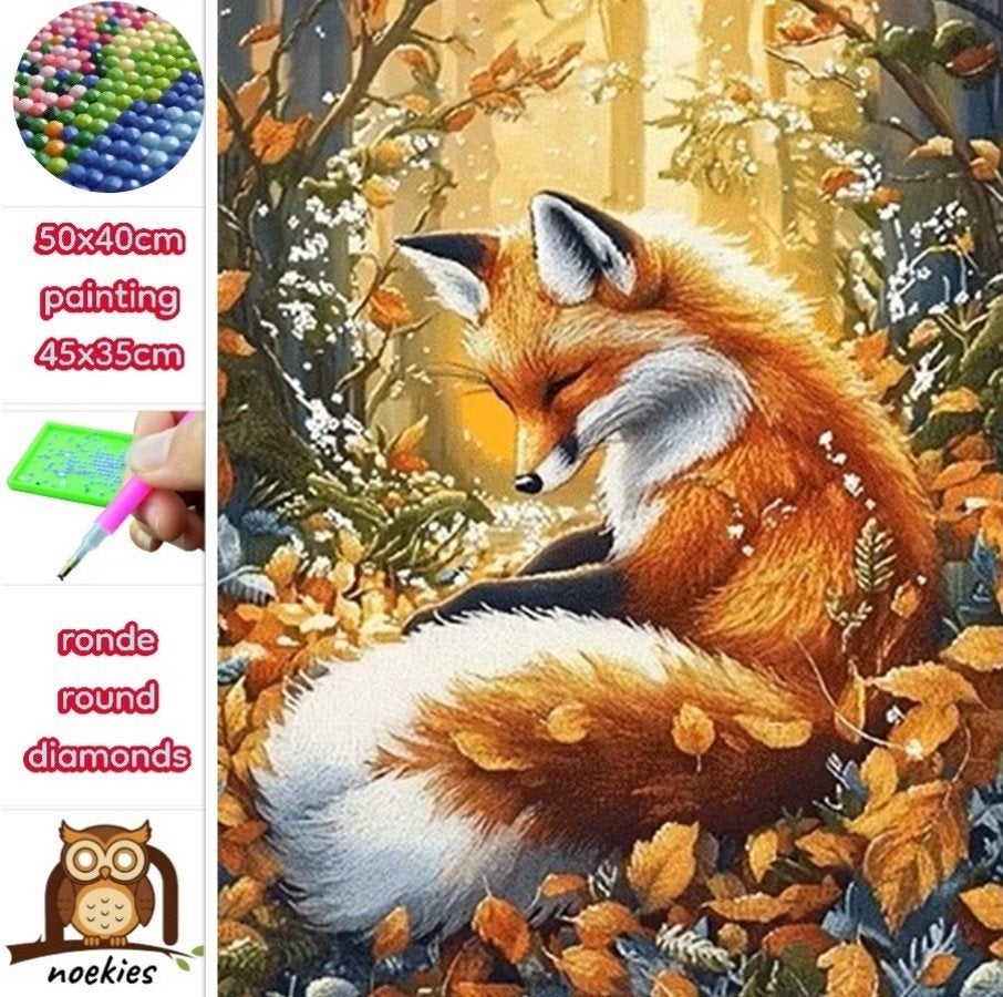 50x40cm Diamond Painting Vos in het bos (rond) nr 84, Hobby en Vrije tijd, Knutselen, Nieuw, Diamond painting, Educatief, Zelfklevend