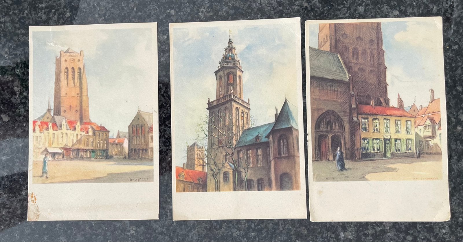 Kavel 3 Antieke Aquarel-Postkaarten Veurne Ex Notariswoning, Ophalen of Verzenden