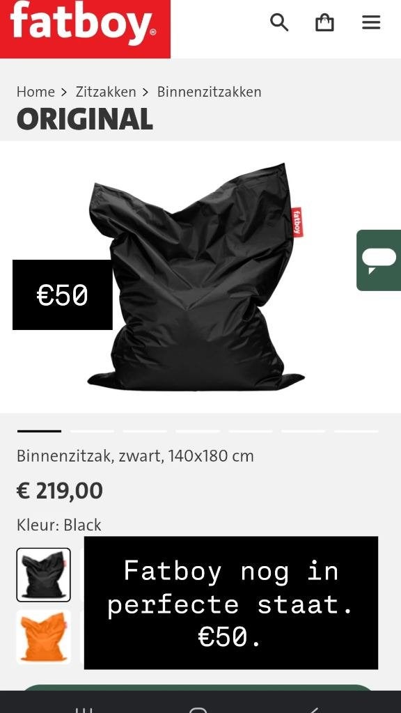 Originele fatboy zitzak, Huis en Inrichting, Zitzakken, Ophalen, Zo goed als nieuw, Zwart, Zitzak