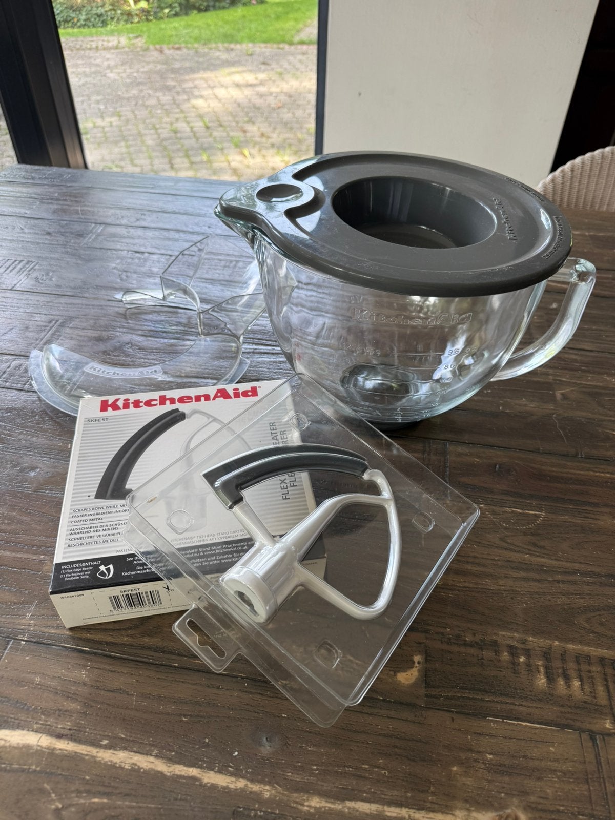 KitchenAid glazen mengkom 4,7L, deksels + Flex Edge menghaak, Elektronische apparatuur, Ophalen of Verzenden, Zo goed als nieuw