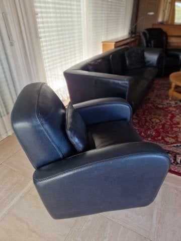Comfortabele Zwarte Lederen 3-Zits Zetel + 1-zit, Huis en Inrichting, Ophalen, Gebruikt, Leer, Rechte bank