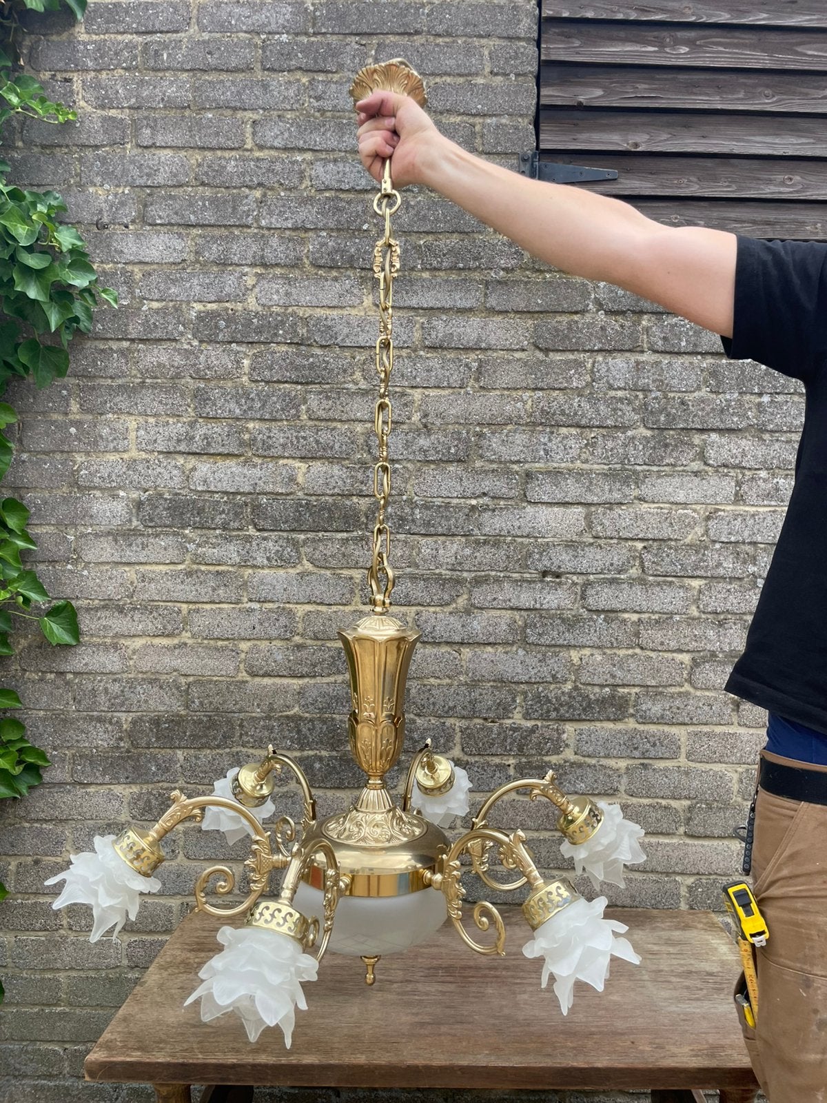 Vintage messing kroonluchter, Huis en Inrichting, Lampen | Kroonluchters, Ophalen, Zo goed als nieuw