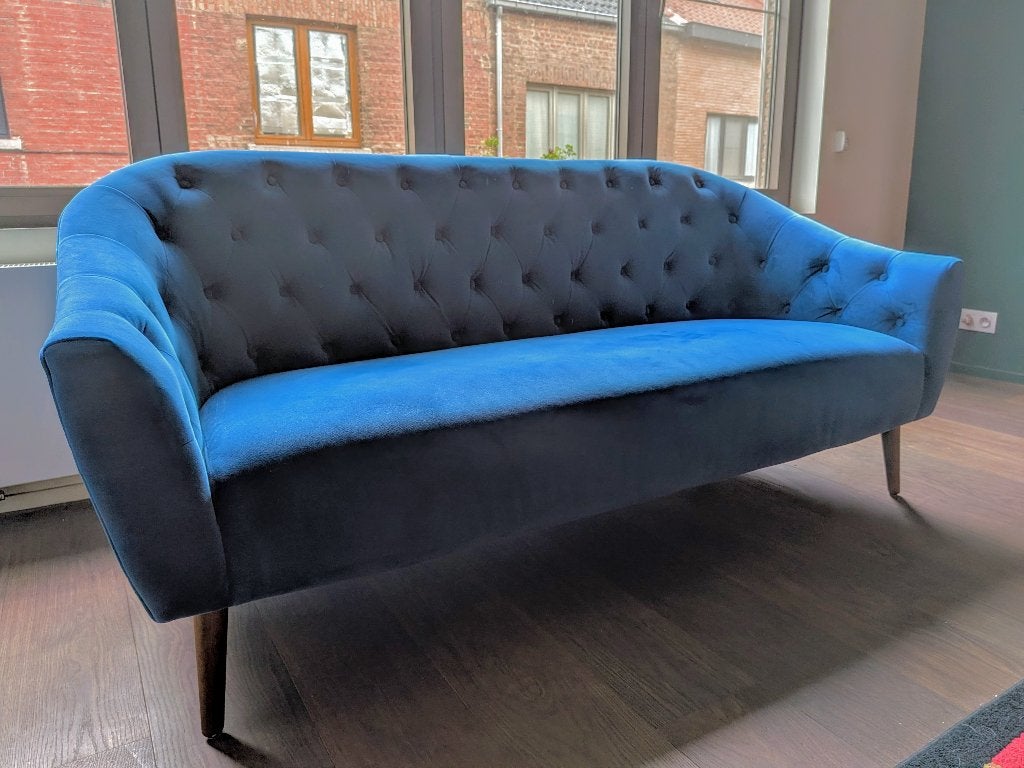 Retro sofa 3-zit in blauwgroen fluweel, Ophalen, Gebruikt, 150 tot 200 cm, Driepersoons