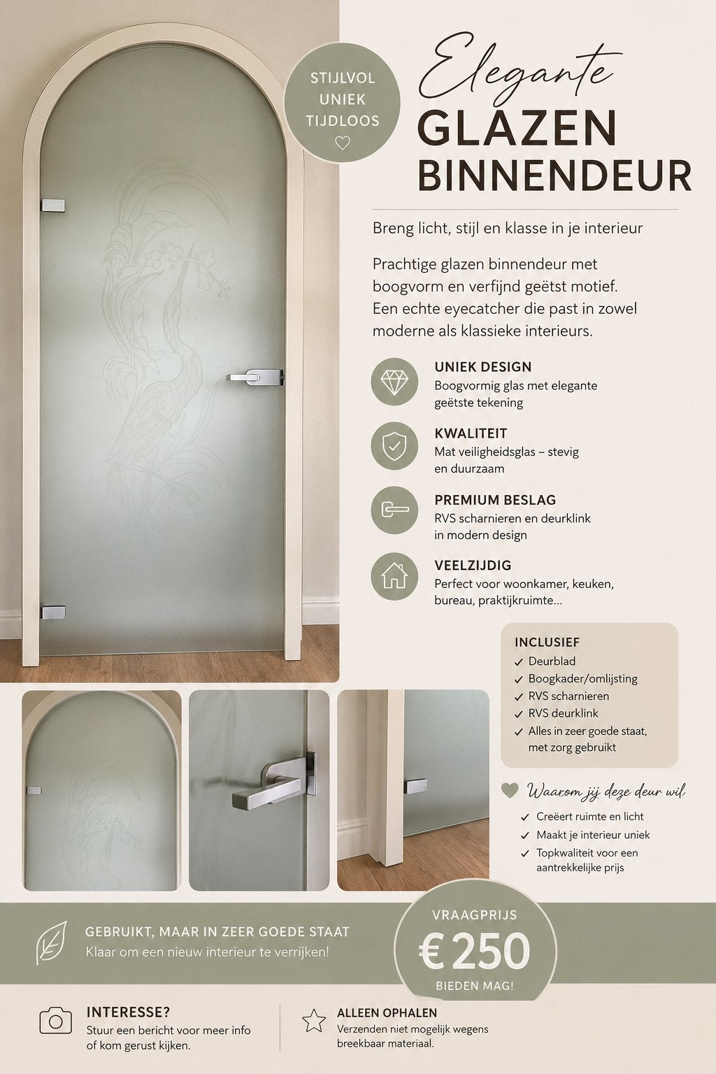 UNIEKE GLAZEN BINNENDEUR MET BOOGVORM, Doe-het-zelf en Bouw, Deuren en Vliegenramen, Ophalen of Verzenden, Zo goed als nieuw, Glas
